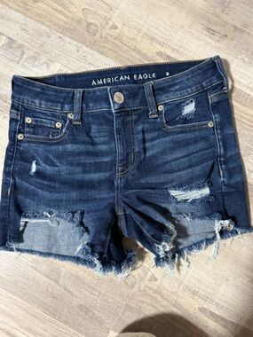 American Eagle Outfitters Dark Blue Denim Shorts with Tan Stitching